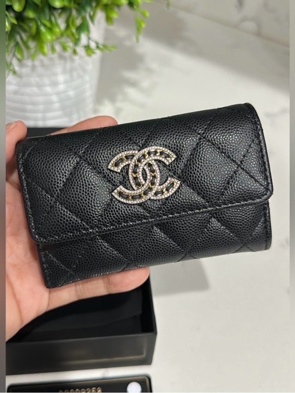CHANEL Black Caviar Quilted Wallet with Crystal Logo